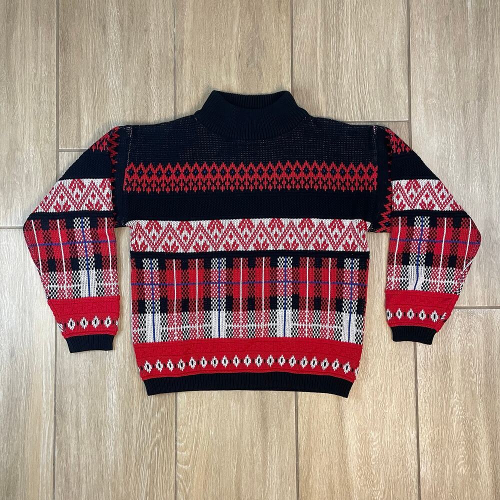 Vintage Rock Creek Nordic Fair Isle Sweater Mens M Red Black Plaid Ski Knit